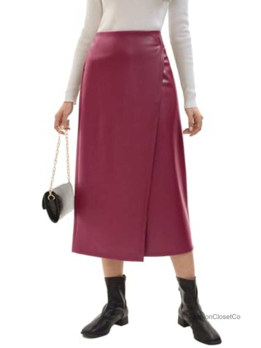 Faux Leather Midi Pencil Skirt High Waist Slit